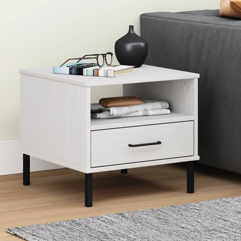 vidaXL Solid Pine Wood Bedside Table-Oslo Range, Industrial Design, White Finish, with Metal Legs, One Drawer and Open Compartment